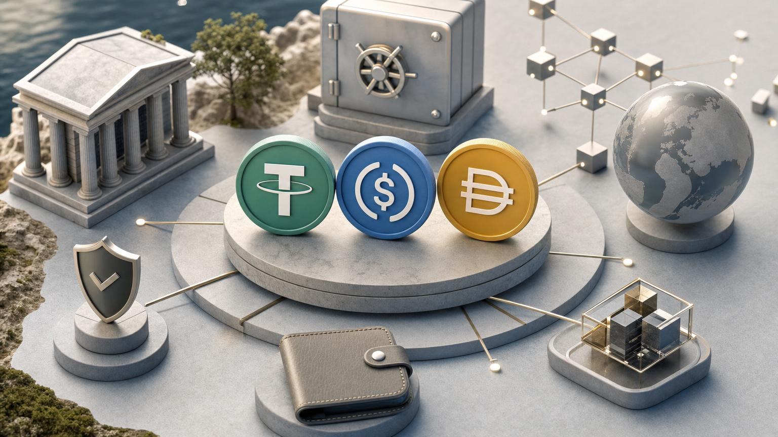 Μήτρες απόφασης που συγκρίνουν USDT, USDC και DAI με βάση τον μηχανισμό σταθερότητας, την εξαργύρωση, το δίκτυο και τους βασικούς κινδύνους.